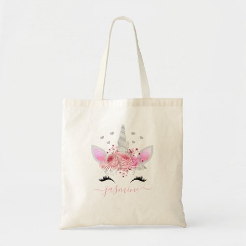 Girly Floral Unicorn Silver Heart Pink Script Name Tote Bag