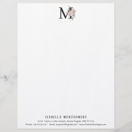 Girly Floral Watercolor Boho  Monogram Letterhead