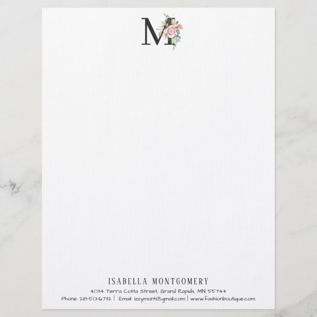 Girly Floral Watercolor Boho | Monogram Letterhead (Front)
