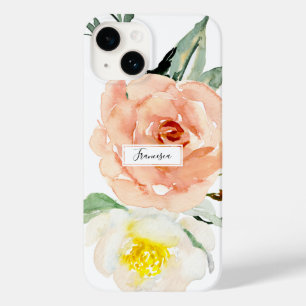Girly Floral Watercolor Coral Flowers Monogram Case-Mate iPhone 14 Case
