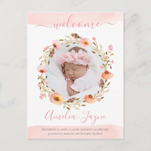 Girly Floral Watercolor Photo Birth Announcement Postcard