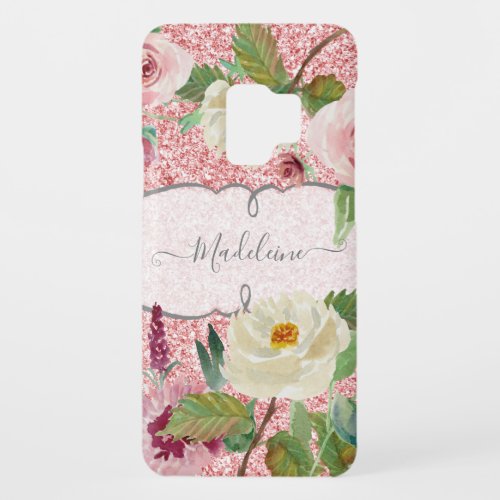 Girly Floral White Pink Glitter Pretty Watercolor Case_Mate Samsung Galaxy S9 Case