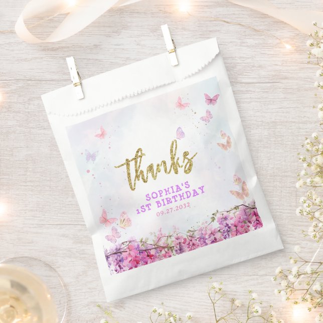Girly Floral Wisteria Butterfly Birthday Thank You Favor Bag (Clipped)