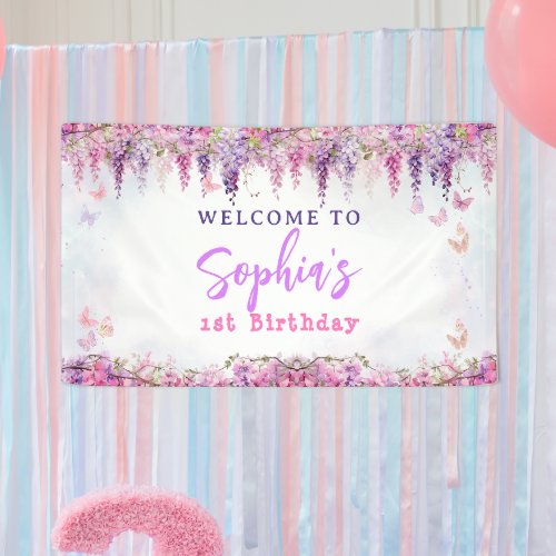 Girly Floral Wisteria Gold Butterfly Kids Birthday Banner
