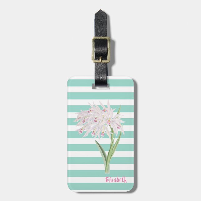 Girly Flower On Mint  White Stripes Luggage Tag (Front Vertical)