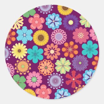 Girly Flower Power Colorful Floral Purple Pattern Classic Round Sticker by PrettyPatternsGifts at Zazzle