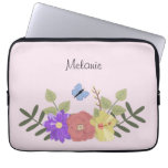 Girly Flowers and Butterfly Pastel Pink Name Laptop Sleeve