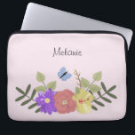 Girly Flowers and Butterfly Pastel Pink Name Laptop Sleeve<br><div class="desc">Pretty floral illustration on pastel pink personalised laptop sleeve (background color can be changed)</div>