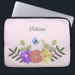 Girly Flowers and Butterfly Pastel Pink Name Laptop Sleeve<br><div class="desc">Pretty floral illustration on pastel pink personalised laptop sleeve (background color can be changed)</div>