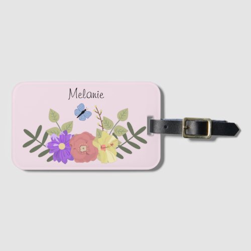Girly Flowers and Butterfly Pastel Pink Name Luggage Tag