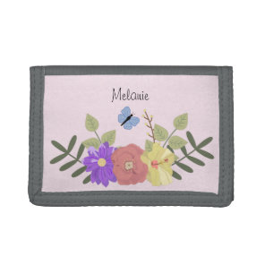 Girly Flowers and Butterfly Pastel Pink Name Tri-fold Wallet