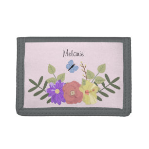 Girly Flowers and Butterfly Pastel Pink Name Tri-fold Wallet
