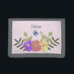 Girly Flowers and Butterfly Pastel Pink Name Trifold Wallet<br><div class="desc">Pretty floral illustration on pastel pink personalised wallet (background color can be changed)</div>