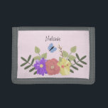 Girly Flowers and Butterfly Pastel Pink Name Trifold Wallet<br><div class="desc">Pretty floral illustration on pastel pink personalised wallet (background color can be changed)</div>
