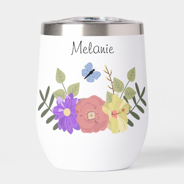 Girly Flowers and Butterfly Personalised Thermal Wine Tumbler (Front)