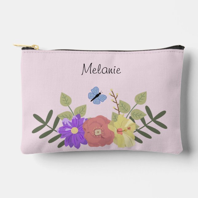 Girly Flowers and Butterfly Pink Personalised Accessory Pouch (Front)