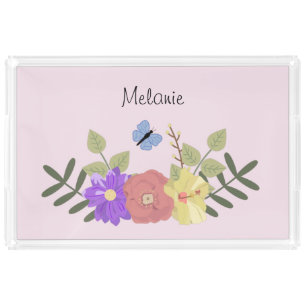 Girly Flowers and Butterfly Pink Personalised Acrylic Tray