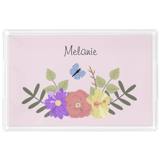 Girly Flowers and Butterfly Pink Personalised Acrylic Tray (Front)