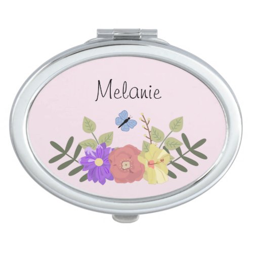 Girly Flowers and Butterfly Pink Personalised Compact Mirror