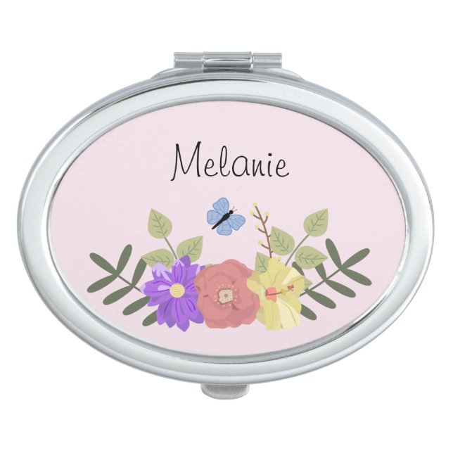 Girly Flowers and Butterfly Pink Personalised Compact Mirror (Front)