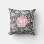 Girly Flowers Lilac Pink Blush Green Dark Monogram Throw Pillow at Zazzle
