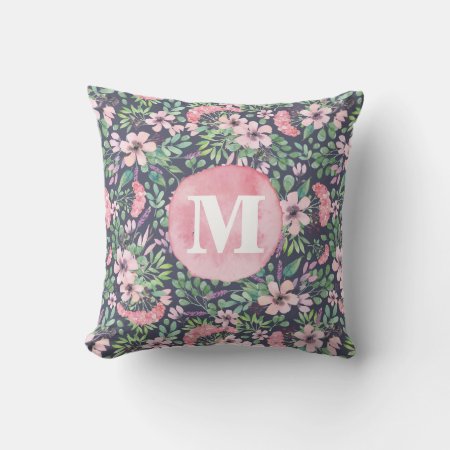 Girly Flowers Lilac Pink Blush Green Dark Monogram Throw Pillow