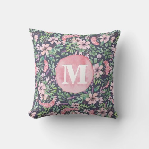 Girly Flowers Lilac pink blush green dark monogram Throw Pillow