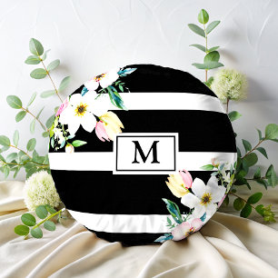 Girly flowers Monogram Black White Striped  Round Pillow