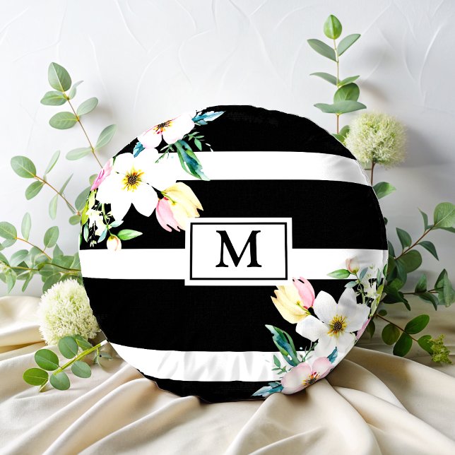 Girly flowers Monogram Black White Striped  Round Pillow (Creator Uploaded)