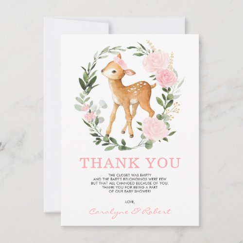 Girly Forest Deer Fawn Woodland Greenery Baby Thank You Card