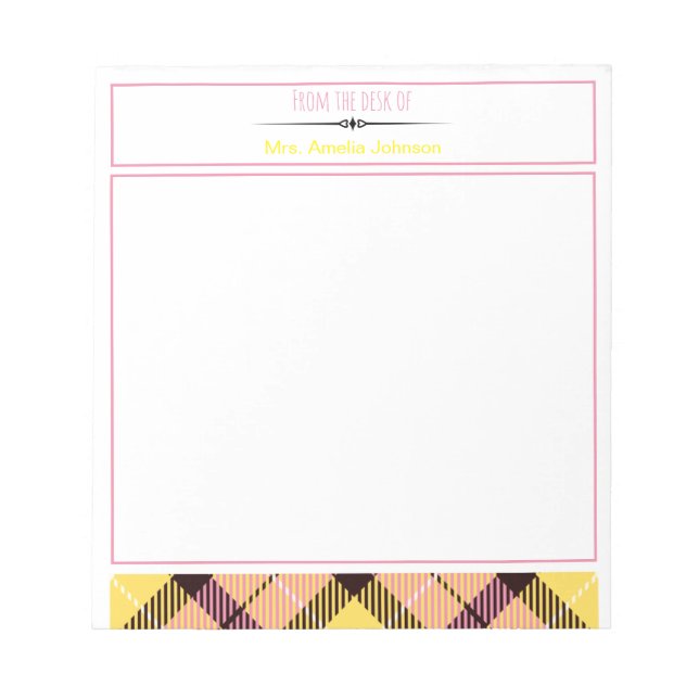 Girly From The Desk Of Custom Script Name Tartan Notepad (Front)