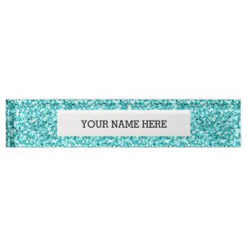 Girly  Fun Aqua Blue Glitter Printed Nameplate by CrestwoodandBeach at Zazzle