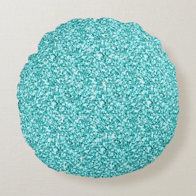 Girly, Fun Aqua Blue Glitter Printed Round Pillow (Front)