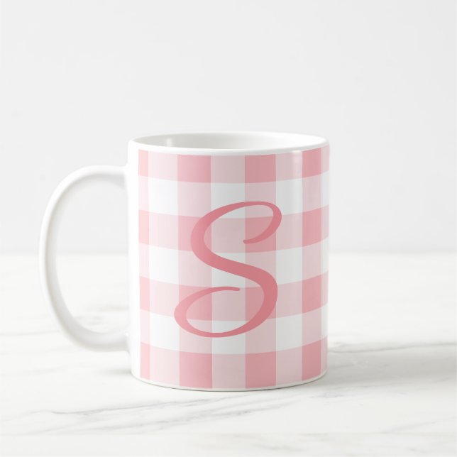 Girly Fun Pink Initial Mug | Pink Check Pattern (Left)