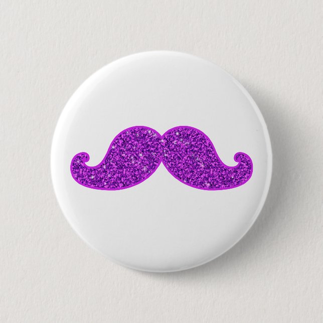 Girly fun retro mustache purple glitter button (Front)