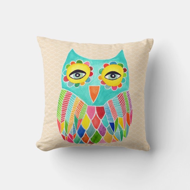 Girly Funky Modern Unique Owl Art Cushion (Front)