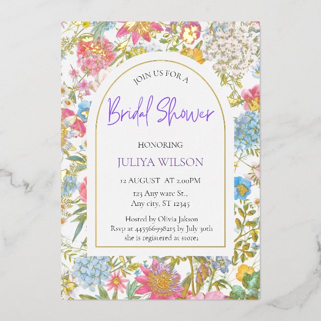  Girly Garden flower Bridal shower Foil Invitation (Front)