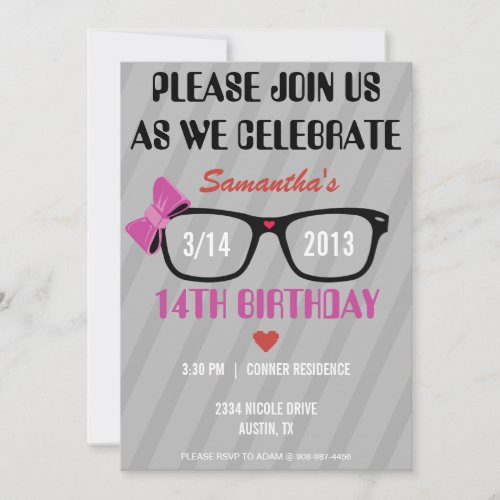Girly Geek Glasses &amp; Hearts Birthday Invitation