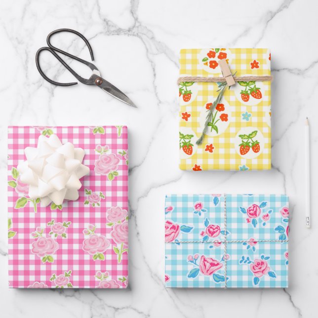 girly gingham check pattern wrapping paper sheets (Front)