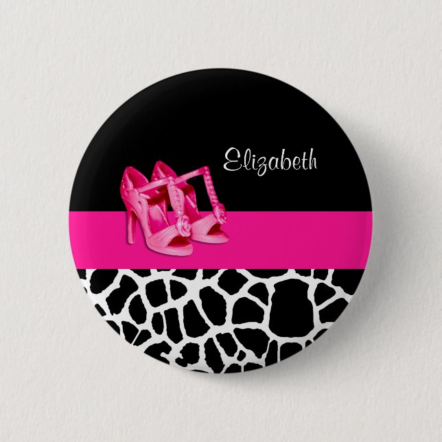 Girly Giraffe Print Cute Pink Pumps Shoes and Name Button (Front)