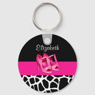 Girly Giraffe Print Cute Pink Shoes With Name Keychain