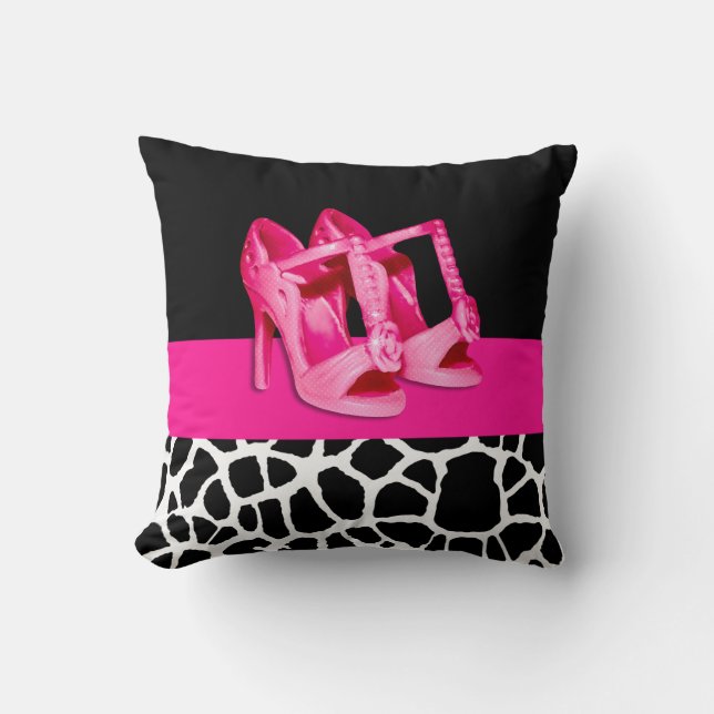 Girly Giraffe Print Cute Pink Shoes With Name Throw Pillow (Front)