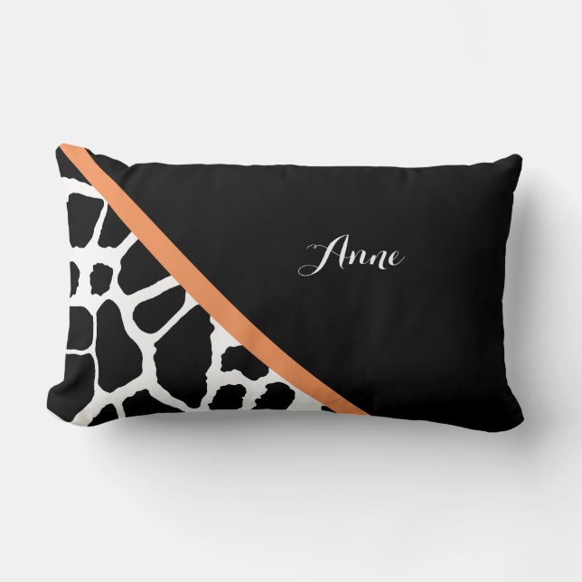 Girly Giraffe Print Modern Orange Stripe With Name Lumbar Pillow (Front)