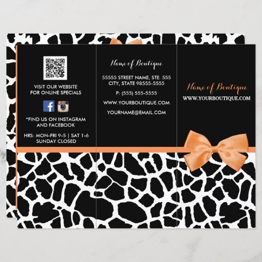 Girly Giraffe Print Orange Bow Boutique Brochure (Front/Back)