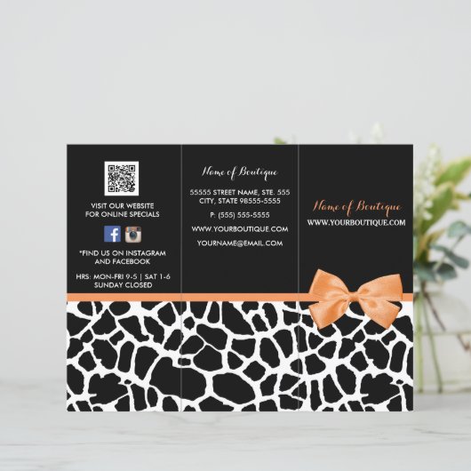 Girly Giraffe Print Orange Bow Boutique Brochure (Standing Front)