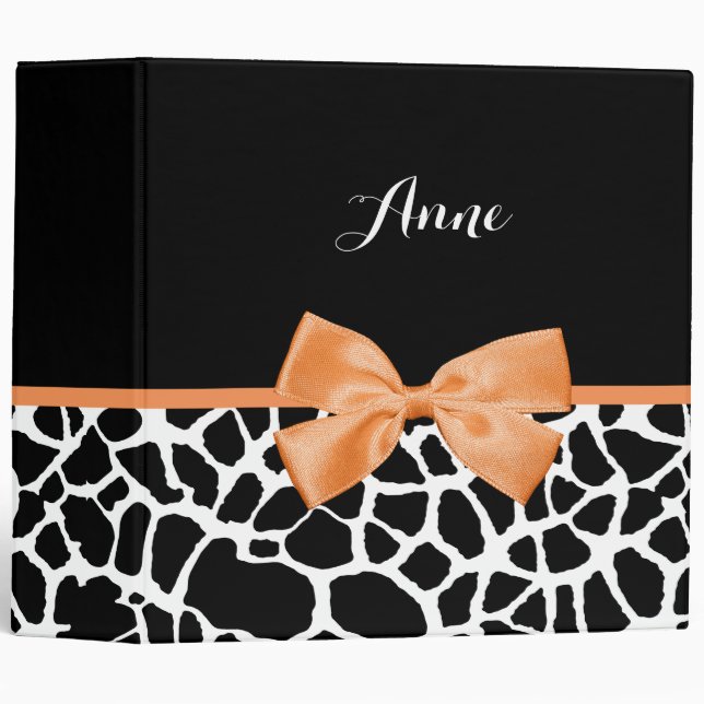 Girly Giraffe Print Orange Ribbon Bow With Name 3 Ring Binder (Front/Spine)
