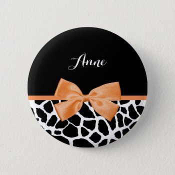 Girly Giraffe Print Orange Ribbon Bow With Name Pinback Button by ohsogirly at Zazzle