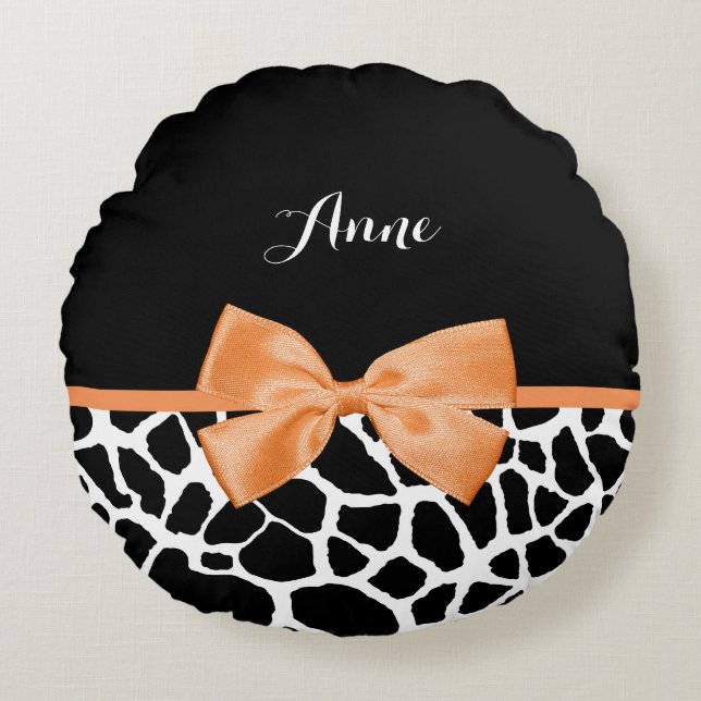 Girly Giraffe Print Orange Ribbon Bow With Name Round Pillow (Front)
