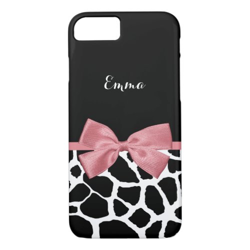 Girly Giraffe Print With Name and Stylish Pink Bow iPhone 87 Case