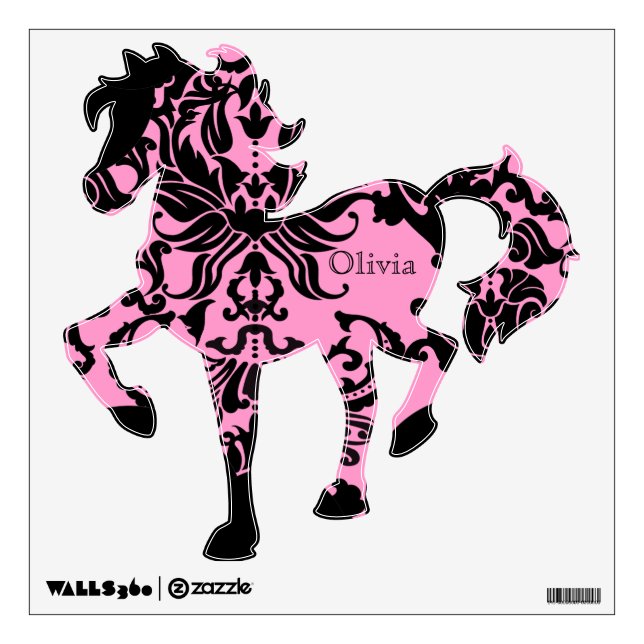 Girly Girl Black Pink Damask Horse Wall Decal  (Front)